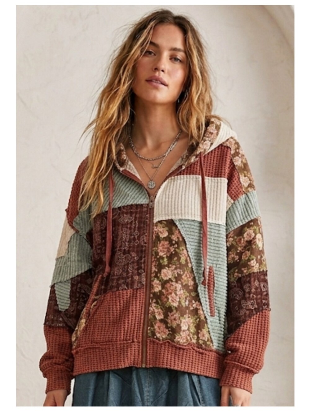 Patchwork Floral Distressed Paisley Hoodie- Rust, Sage & Cream